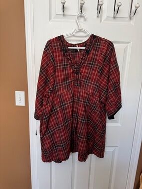 Free People  Red Black Plaid V-Neck Tunic with Embroidered Trim oversized